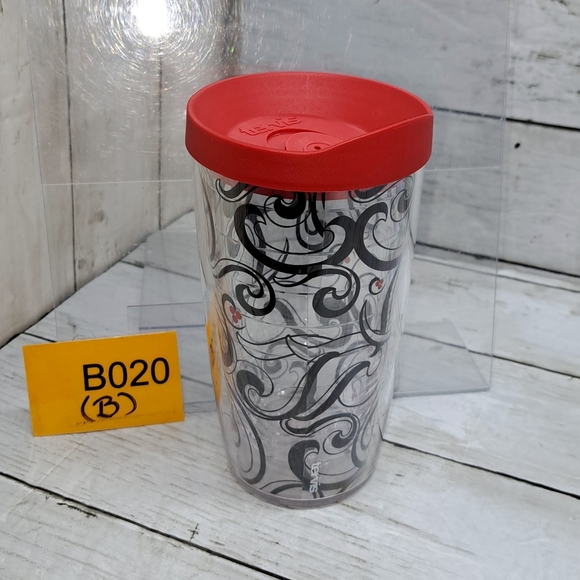 Tervis Tumbler 16oz Red Lid Clear Plastic Black Swirl Pattern Travel Drinkware - Picture 8 of 8